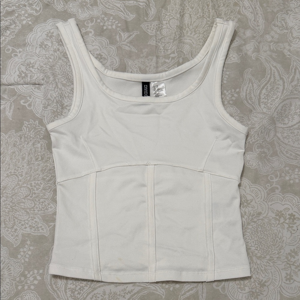 Divided White Ribbed Tank Top with Scoop Neck